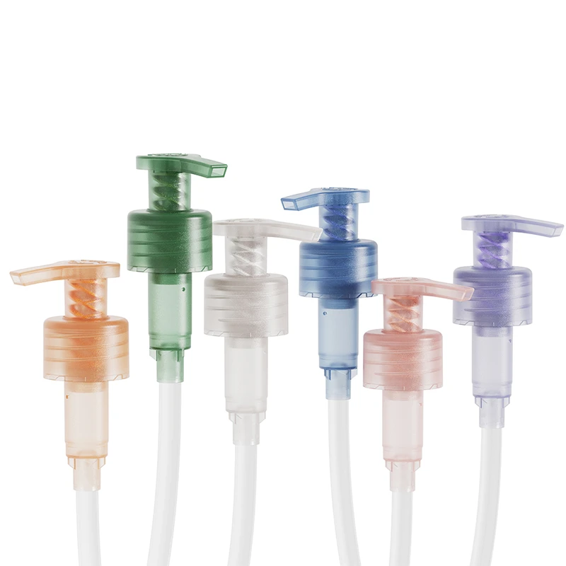 Diagonal display of various custom color options for mono-material recyclable lotion pumps available for wholesale bulk orders